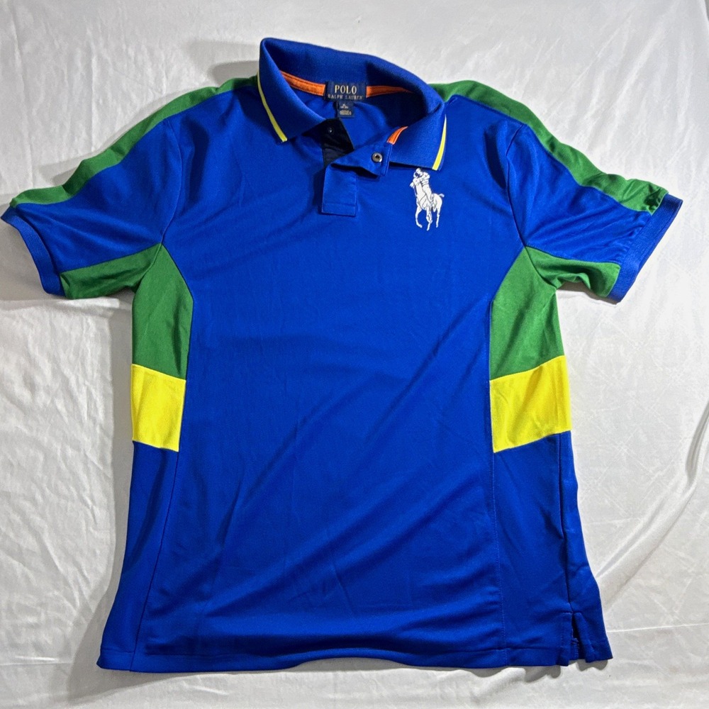 Polo Ralph Lauren Kids XL Blue/Green/Yellow Colorblock Big Pony Polo Shirt
